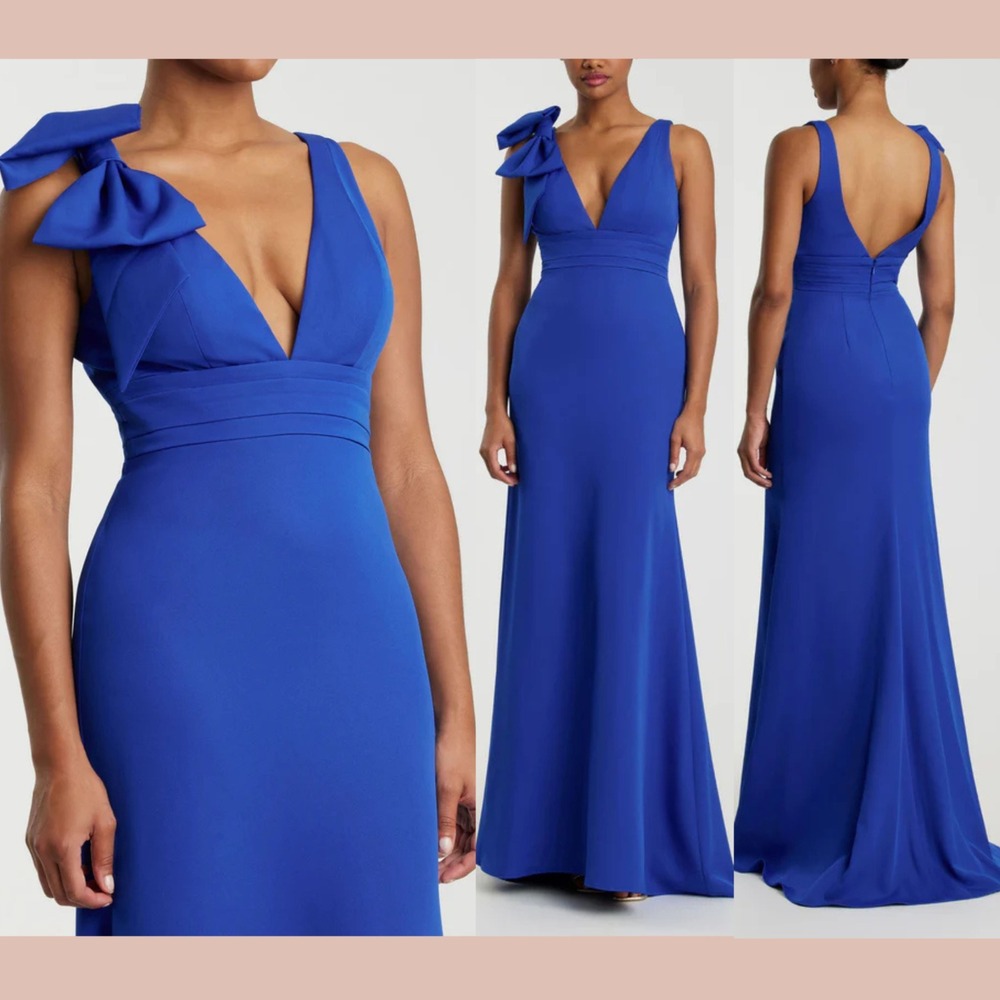 NEW Mac Duggal [ 14 ] 49454 Sleeveless V Neck Bow Detail Mermaid Gown Blue J2246